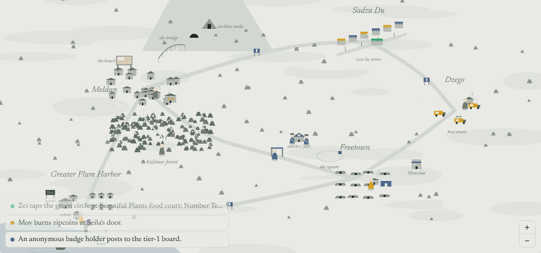 Veridia's living map at dusk, in light snow: stone houses in Meldan, Kalimar forest, the mountain with the archive node, and residents out on the roads, with a feed of their latest payments, burns and anonymous posts.